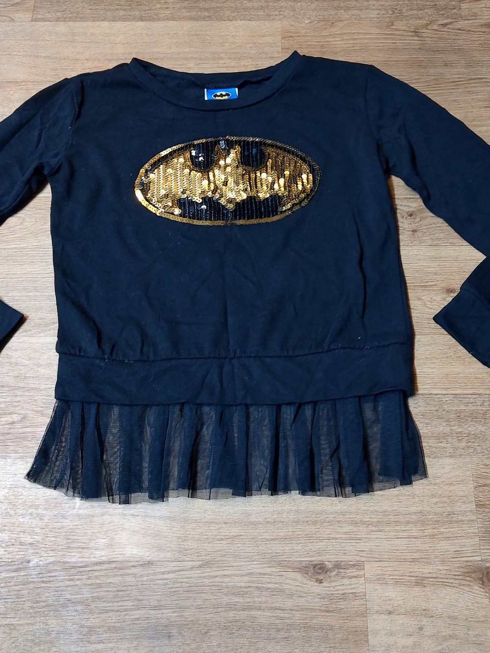 Batman Black Top with Gold Sequin Emblem and Tulle Hem